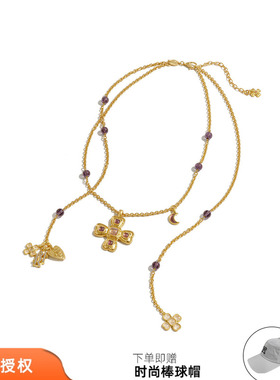 tokokkino 26春夏新款紫色暗影紫水晶蝴蝶结花长项链复古毛衣链