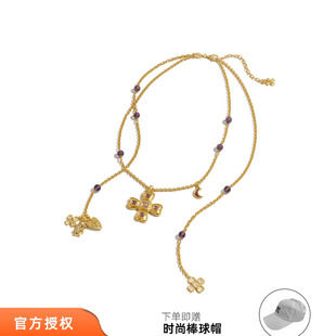 tokokkino 26春夏新款紫色暗影紫水晶蝴蝶结花长项链复古毛衣链