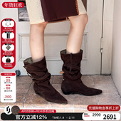 Orinous25新款 V字扣带长靴尖头麂皮堆堆靴两穿可折叠及膝靴靴子女