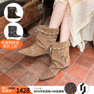 董洁同款unfolio 26新款游牧风短靴系带内增高尖头堆堆靴子女