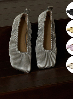 faytobe 26新款法式褶皱羊皮芭蕾舞鞋单鞋女苹果头一脚蹬平底鞋