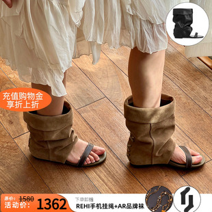 unfolio 26春夏新款游牧风一字带露趾凉鞋内增高堆堆凉靴女中筒靴