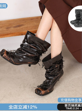 UBORYA 2026新款褶皱方头擦色芭蕾靴蝴蝶结短靴小猫跟靴子女