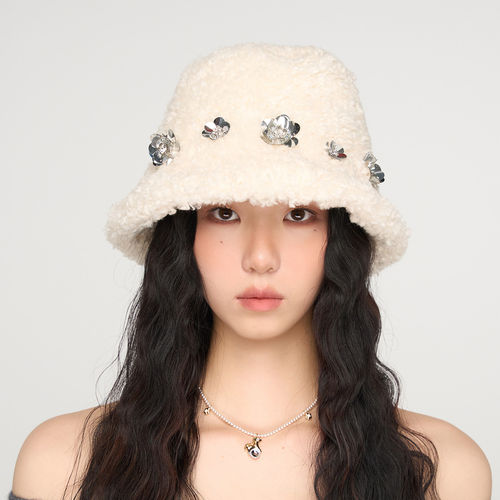 Blingkolio不另可 25新款毛绒亮片钉珠花朵渔夫帽大头围帽子M星店