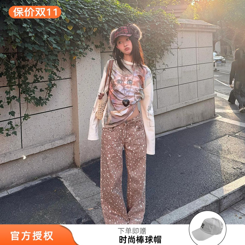欧阳娜娜同款tokokkino 2025新款梅花鹿低腰牛仔裤阔腿休闲长