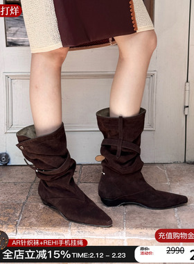 Orinous25新款V字扣带长靴尖头麂皮堆堆靴两穿可折叠及膝靴靴子女