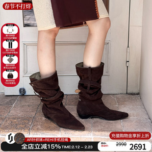 Orinous25新款V字扣带长靴尖头麂皮堆堆靴两穿可折叠及膝靴靴子女