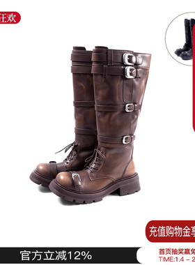 EMPTY BEHAVIOR25秋冬新款五层绷带长靴皮带扣粗跟圆头高筒时装靴