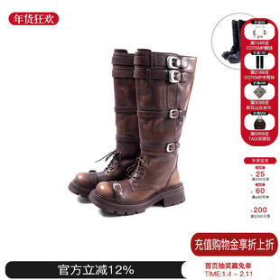 EMPTY BEHAVIOR25秋冬新款五层绷带长靴皮带扣粗跟圆头高筒时装靴