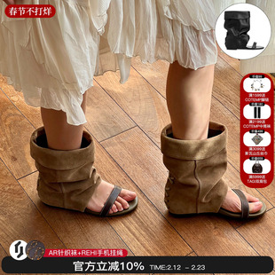 unfolio 26春夏新款游牧风一字带露趾凉鞋内增高堆堆凉靴女中筒靴