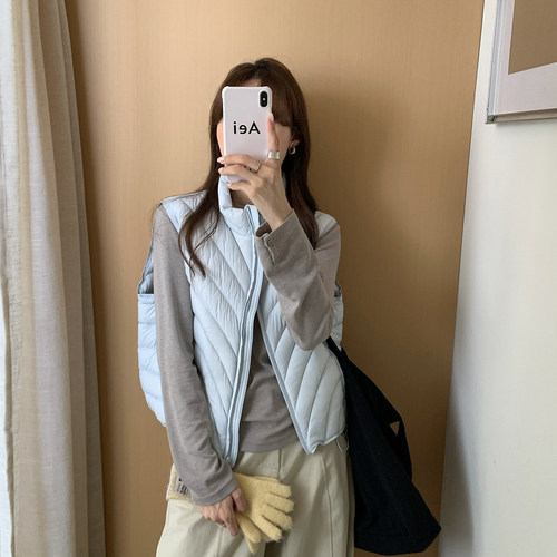 韩系波浪纹立领95绒羽绒服马甲女