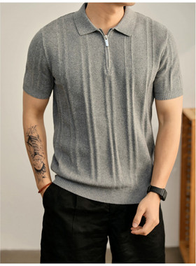 NO LOGO半拉链POLO衫男款针织短袖夏季薄款高级感透气提花保罗衫