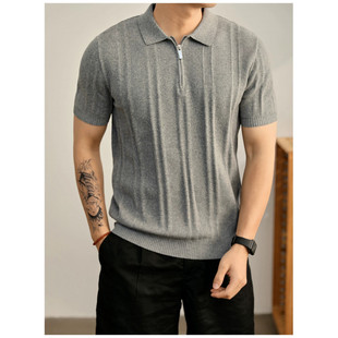 NO LOGO半拉链POLO衫男款针织短袖夏季薄款高级感透气提花保罗衫
