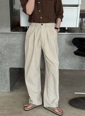 NO LOGO简约棉麻裤子男夏季薄款垂感直筒裤宽松百搭慵懒休闲长裤
