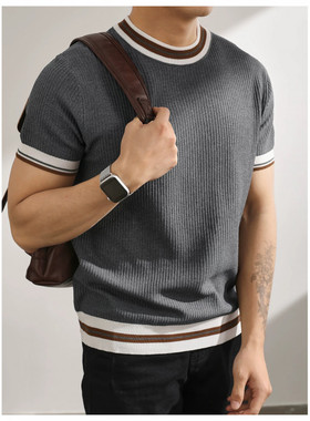 NO LOGO轻熟风撞色冰丝针织短袖男夏季薄款修身高级圆领简约上衣