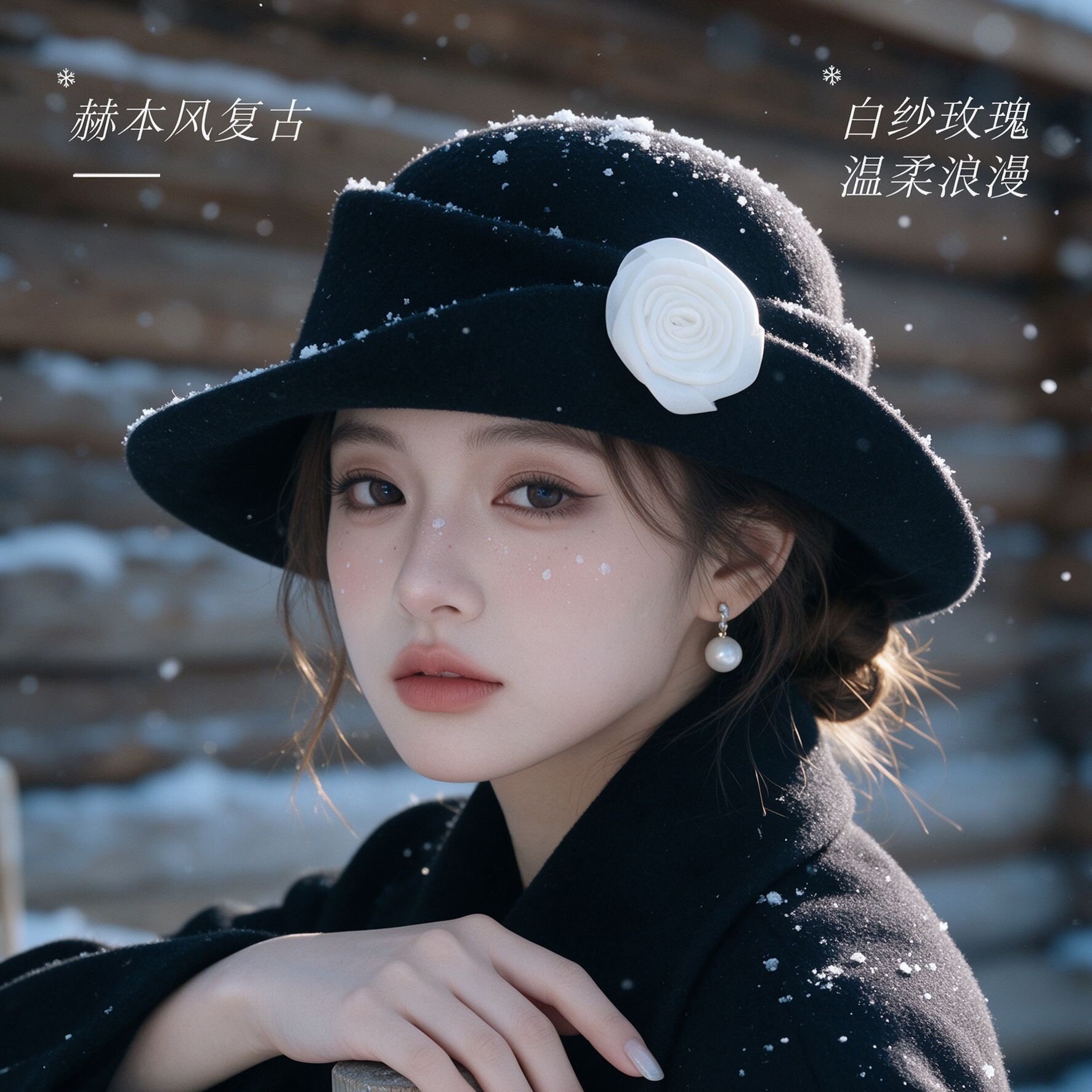 法式复古白玫瑰礼帽女黑色毛呢宽檐帽秋冬修饰脸型大衣搭配帽子