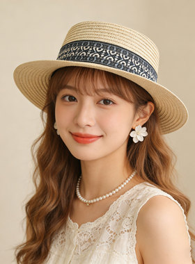 2026夏新款草编平顶帽女法式复古遮阳防晒礼帽海边度假显脸小草帽