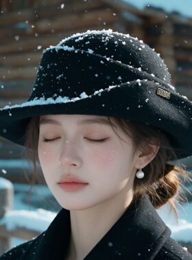 赫本风黑色毛呢礼帽女秋冬复古名媛卷边帽百搭显脸小保暖呢子帽子