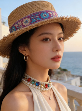 复古波西米亚平沿防晒草帽女