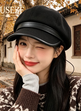 英伦黑色皮边八角帽女秋季新款毛呢报童帽韩系显脸小带檐画家帽子