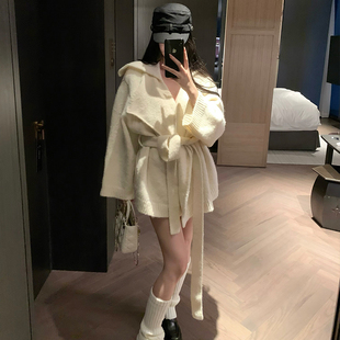 GYOKUU 奶白色/黑色 系带中长款针织毛衣外套开衫