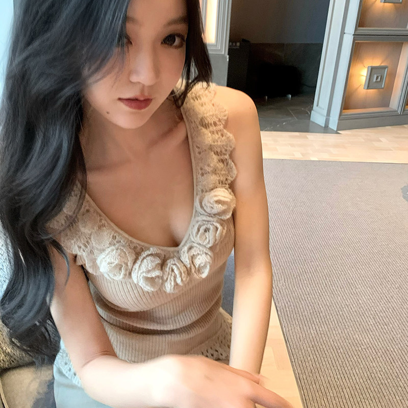 GYOKUU 花杏色针织花边手工花朵无袖打底背心上衣