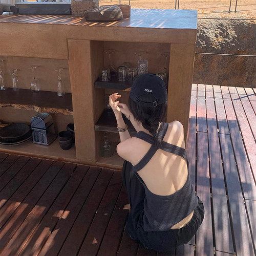 GYOKUU 深烟灰色100%亚麻针织露背无袖背心女外穿