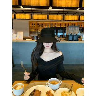 黑色弹力针织交叉露肩打底衫 2025aw 黑天鹅 GYOKUU