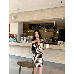 米咖条纹一字肩针织连衣裙 2025ss GYOKUU 榛果朗姆