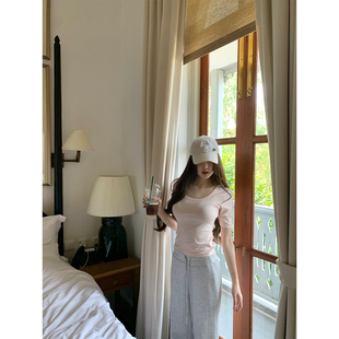 GYOKUU 【樱花树下】2色 浅粉/浅绿短袖大圆领修身T恤