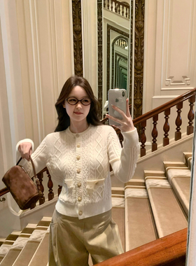 GYOKUU【乖乖小香】2026ss 奶白色小香风麻花纹理针织毛衣