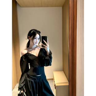 黑色弹力罗马布鱼骨定型显瘦上衣 2025aw GYOKUU 黑色唱片