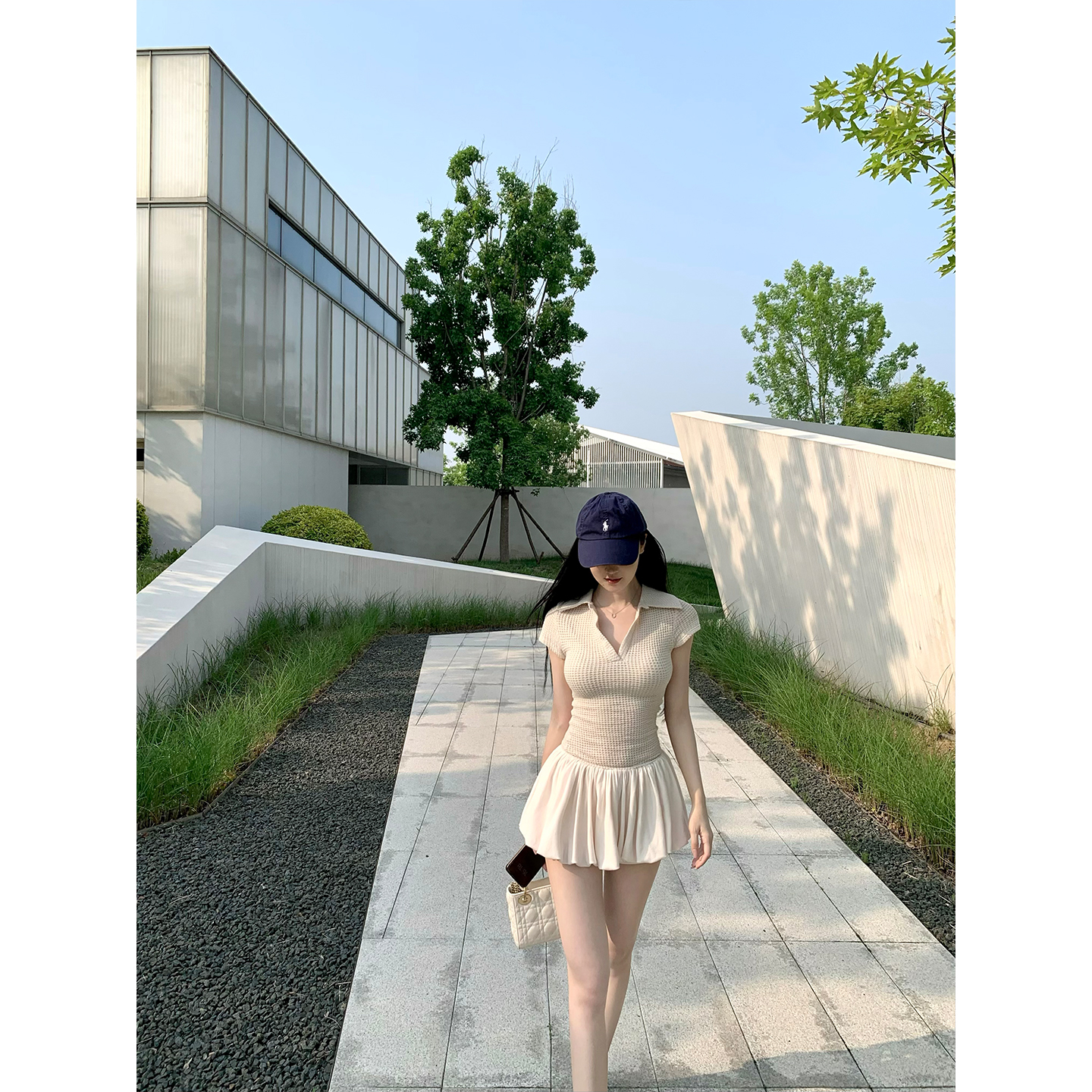 GYOKUU 【芭蕾课间】杏色针织拼接花苞连衣裙（含安全裤）