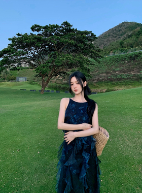 GYOKUU 【蓝色森林】蓝黑色印花长款连衣裙