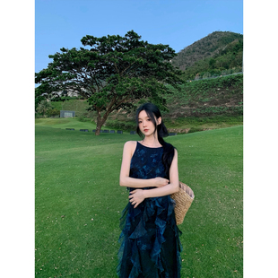 蓝黑色印花长款 2025ss 连衣裙 蓝色森林 GYOKUU