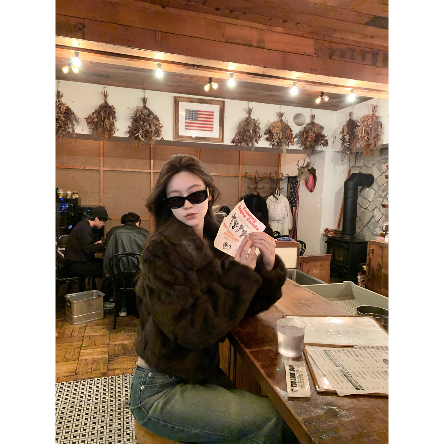 GYOKUU 【热可可】2025aw 紫貂色草兔毛短款皮草外套