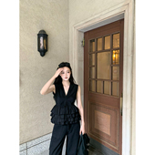 黑色无袖 GYOKUU 名古屋day V领花边上衣