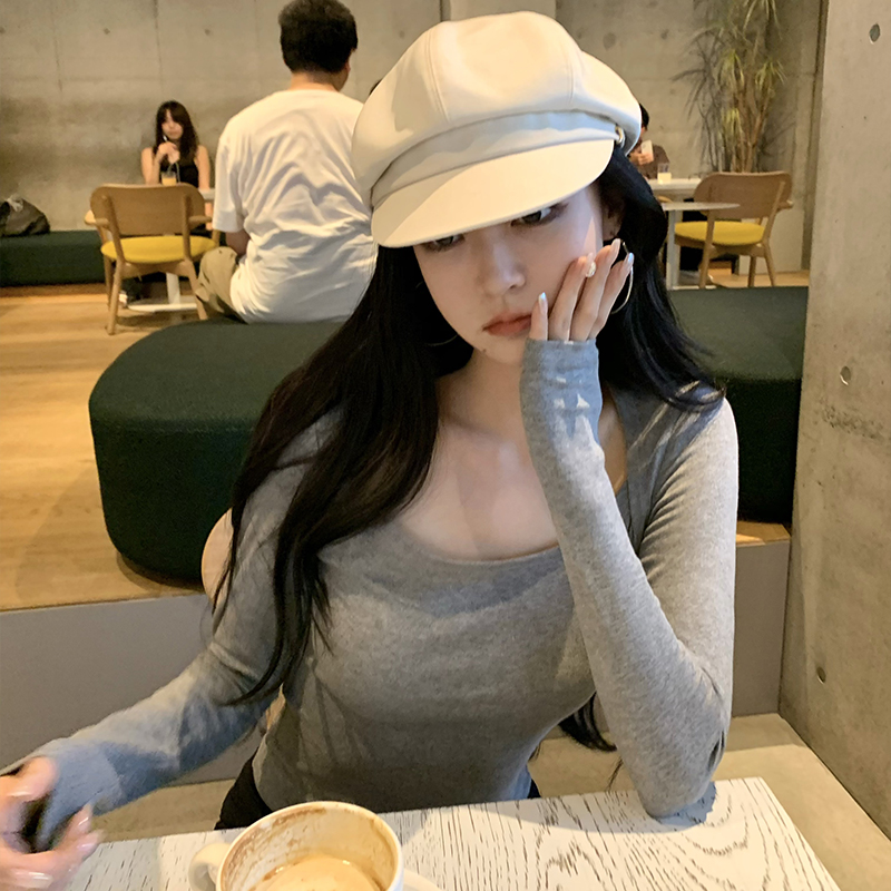 GYOKUU 深灰色弹力针织长袖打底上衣