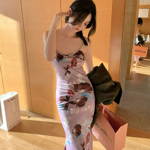 【5折】香芋粉紫印花吊带连衣裙