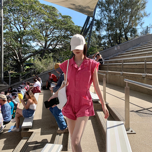 连体短裤 GYOKUU 玫红色水洗牛仔无袖