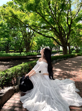 GYOKUU【美神降临】7分袖花边一字肩短上衣/大裙摆高开叉半身裙