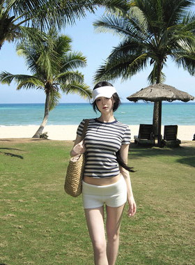 GYOKUU 【氧气条纹】蓝白条纹短袖修身T恤