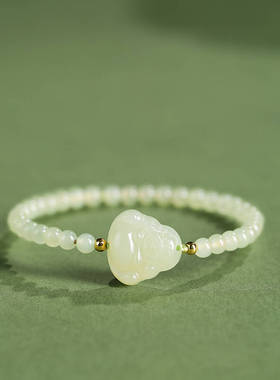 真品和田玉弥勒佛手链细珠子手串大肚佛公笑脸佛白玉石平安护身符