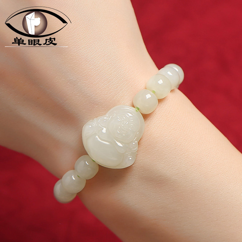 和田玉佛手链小弥勒佛公佛像公笑大肚佛头老型珠子玉石手串女礼物