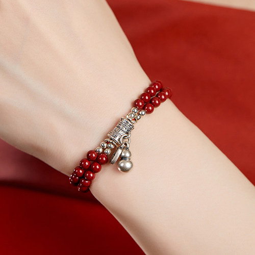 99足银紫金砂真朱砂多圈手串女款纯银招财纳福葫芦手链护身本命年