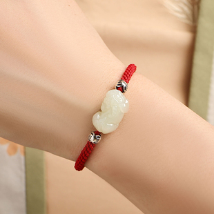 和田玉招财貔貅手绳女款玉石手串情侣款编织手绳男士红黑绳本命年