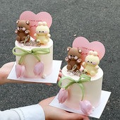2.14情人节蛋糕装 饰软胶熊兔木质love郁金香花苞丝带爱心卡片插件