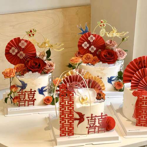 中式国风蛋糕装饰凤凰石榴喜插件