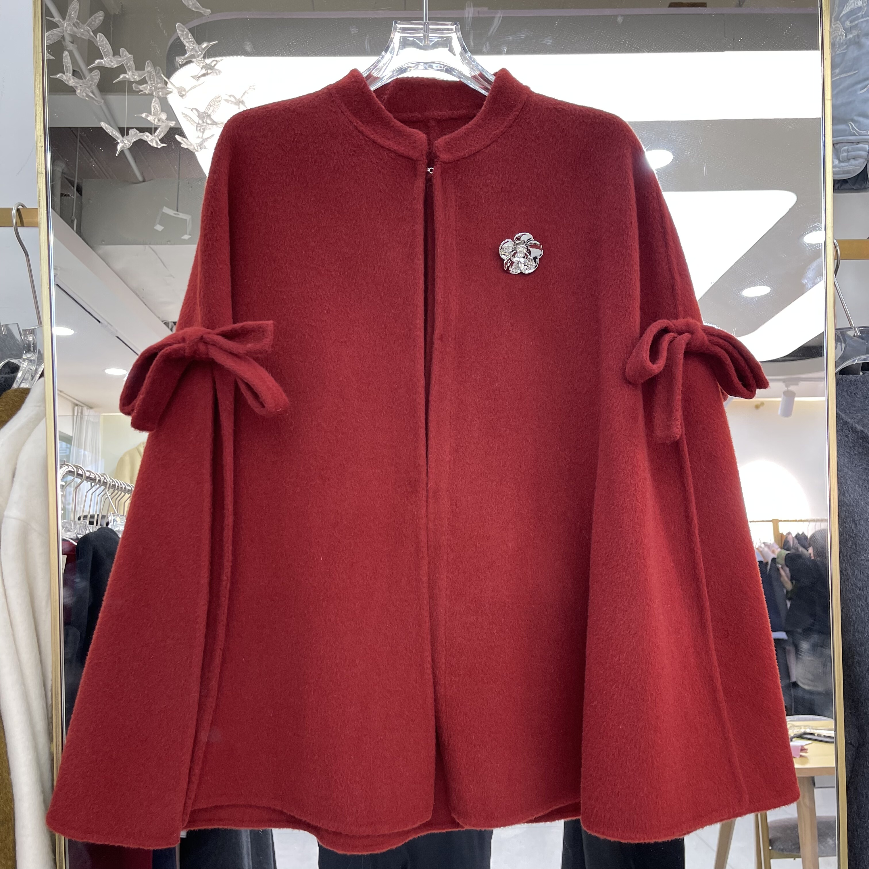 红色拼接斗篷双面羊绒大衣2025冬季新款韩版修身高端女羊毛呢外套