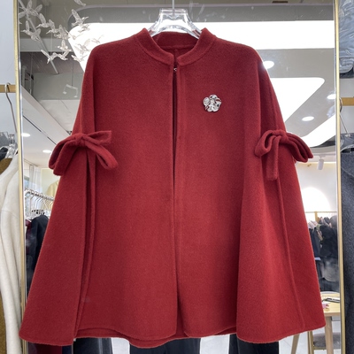 红色拼接斗篷双面羊绒大衣2025冬季新款韩版修身高端女羊毛呢外套